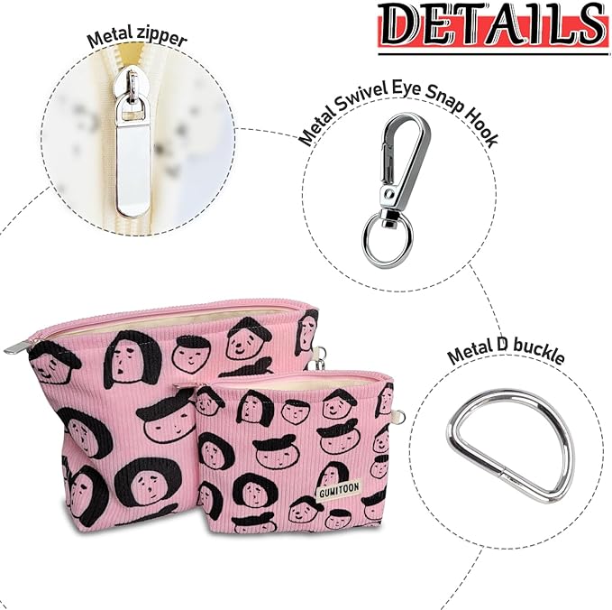 2pcs Pink Corduroy Makeup Bag for woman-aesthetic cute stuff as pouch case and purse organizer for girl-cosmetic travel toiletry bag small baggu glossier (Portrait)