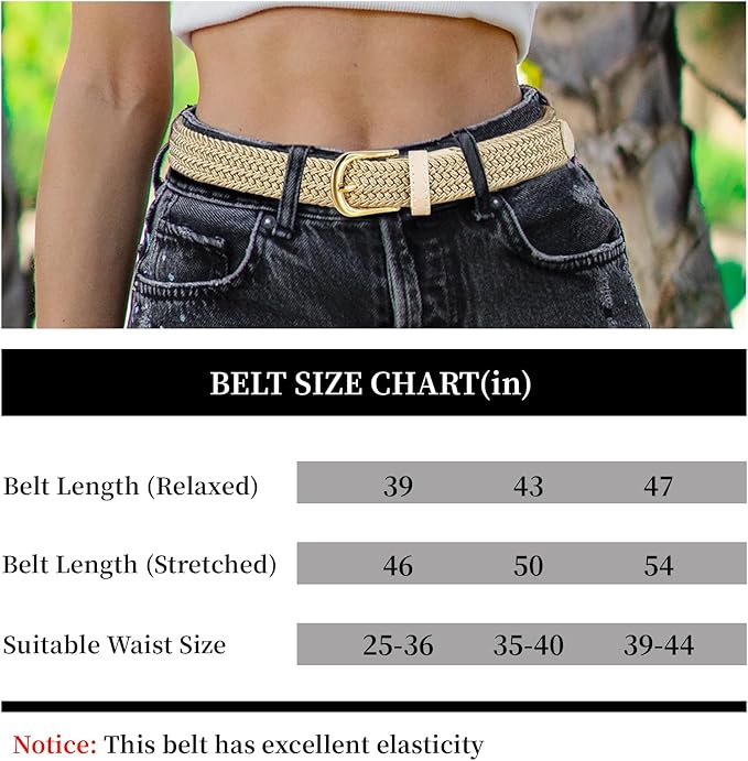 2 Pack Braided Belt for Women, Elastic Woven Stretch Fabric Cloth Belt with Gold Buckle