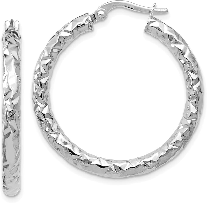 14K White Gold Textured Medium Hoop Earrings Polished Snap Back Secure Rhodium Plated 30mm Round Comfort Lightweight For Women Gift Luxury Italian Jewelry