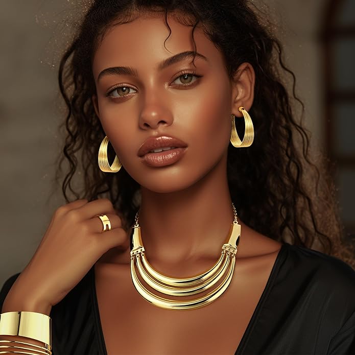 JOERICA Bib Choker Necklace Silver Gold Jewelry Set Wide Cuff Bangle Bracelet Open Hoop Earrings Adjustable Ring Chunky Silver Gold Statement Costume Jewelry Set for Women