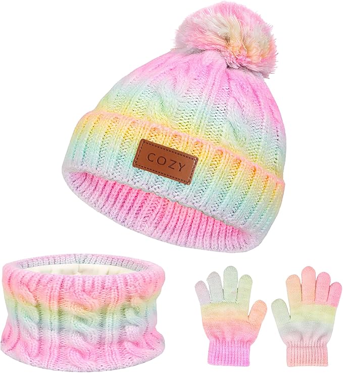 4 Pieces Winter Hat Scarf Glove Set for Women,Fleece Lined Beanie with Pom Pom,Touchscreen Gloves Knit Scarf for Cold Weather