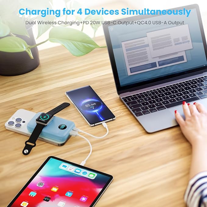 Magnetic Portable Charger 10800mAh,4-in-1 Wireless Power Bank with iWatch Charger, QC4.0+20W PD Fast Charging USB C Battery Pack with LCD Display for Magsafe,iPhone 16/15/14/13,Apple Watch, Sky Blue