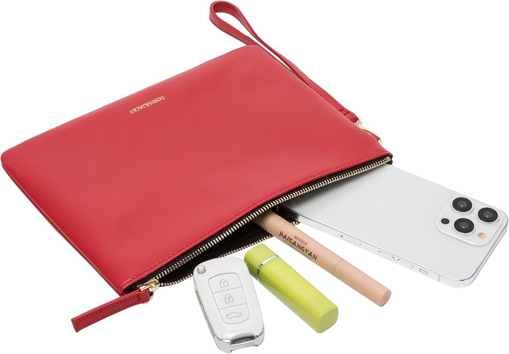 DORIS&JACKY Lambskin Leather Wristlet Clutch Purse for Women Soft Designer Slim Cell Phone Pouch Bag with Detachable Strap