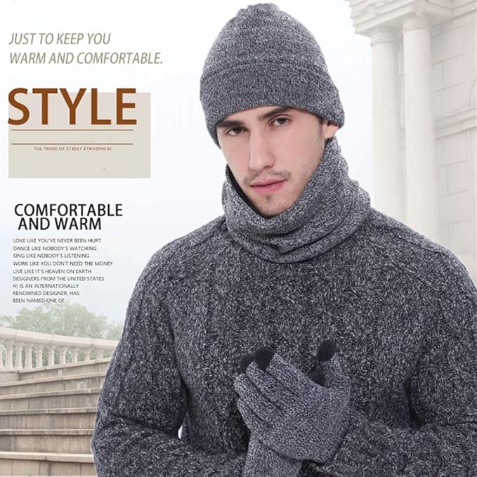 Mens Winter Scarf Hats and Gloves Set Knit Beanie Hat Warmer Scarfs and TouchScreen Glove 3 Pcs for Men