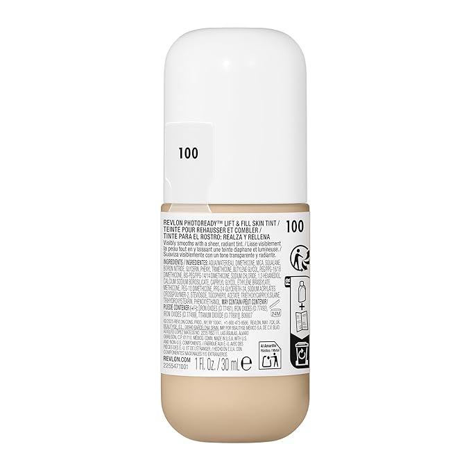 Revlon PhotoReady Lift & Fill Skin Tint, Dewy Foundation with Sheer Buildable Coverage, Lightweight & Hydrating, 100, 1 fl oz