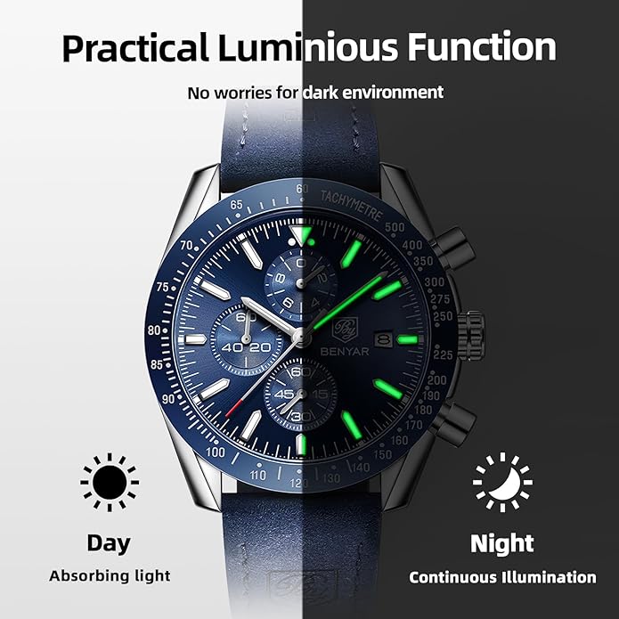 BY BENYAR Watch for Men Analog Quartz Chronograph Waterproof Luminous Designer Mens Wrist Watches Business Work Sport Casual Dress Watch with Silicone Strap Elegant Gifts for Men