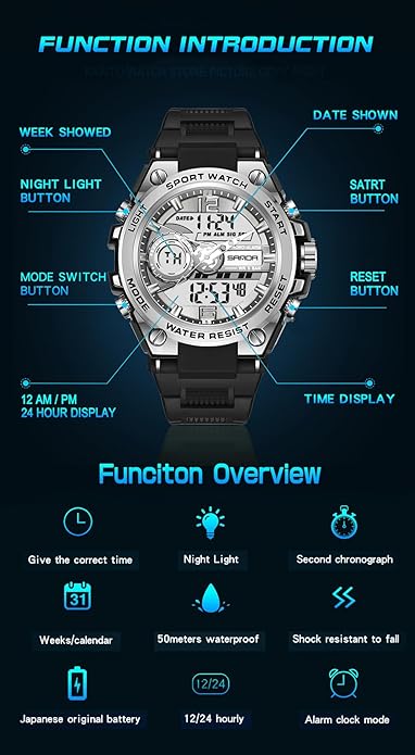 KXAITO Men's Watches Sports Outdoor Waterproof Military Watch Date Multi Function Tactics LED Alarm Stopwatch