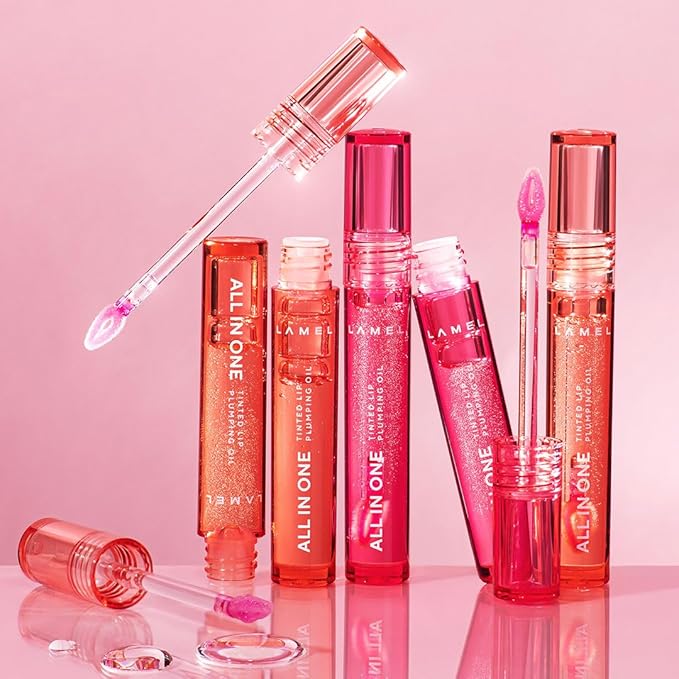 Lamel All-in-One Lip Oil - Lightweight, No-Sticky, Tinted, Plumping, Hydrating Lip Gloss - Lip Balm for Day & Night Use, Long-Lasting Lip Stain, Lip Glow Oil, Lip Plumper Tint - Pink Sparkle №402