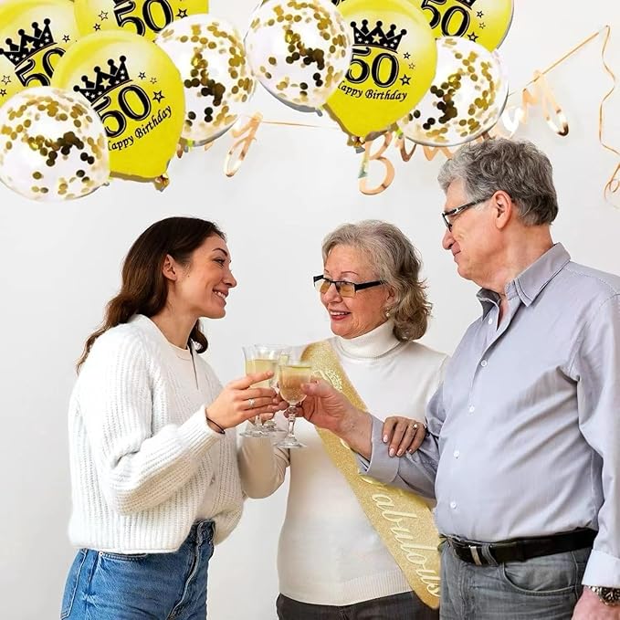 50th Birthday Decorations for Her Girls Set, Include 50th Birthday Crown and 50 Sash, 50th Birthday Cake Topper and 50 Birthday Candles, Gold 50 Balloons, Women 50th Party Supplies(Gold)