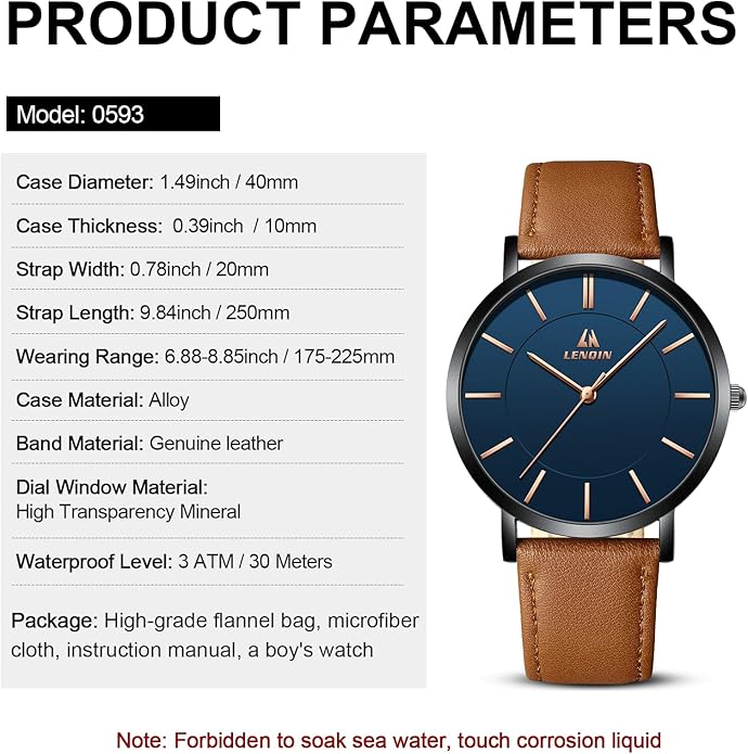 LN LENQIN Mens Watches Watches for Men Analog Quartz Watch 30M Waterproof Men's Wrist Watch Minimalist Fashion Business Mens Dress Designer Watch with Leather Band