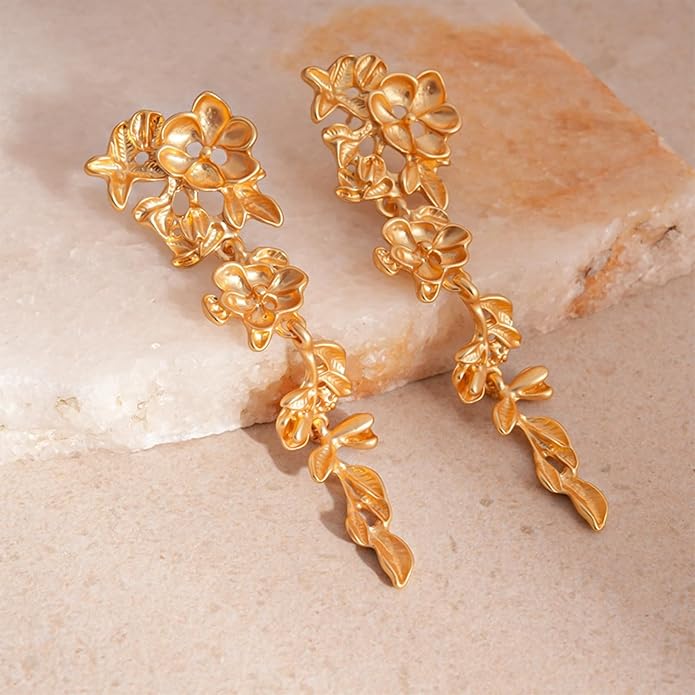 Chunky Flower Earrings 14K Gold Plated Geometry Petal Earrings Vintage Hollowing Out Layered Dangle Earring Fashion Exaggeration Jewelry for Women