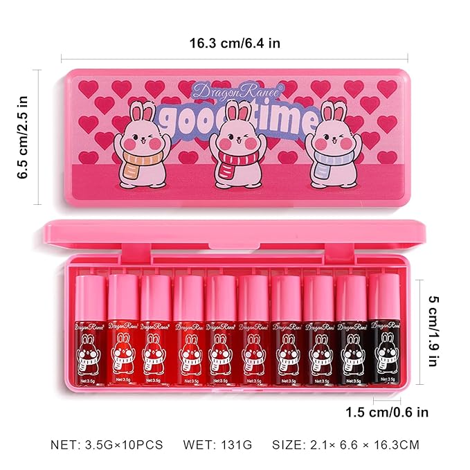 10 Pcs Lip Tint Set Cute Glossy Lip Stains and Matte Lipsticks with Long-lasting and Quick-drying Mini Lip Gloss Lipstick for Makeup Gift (Rabbit, Lip Gloss)