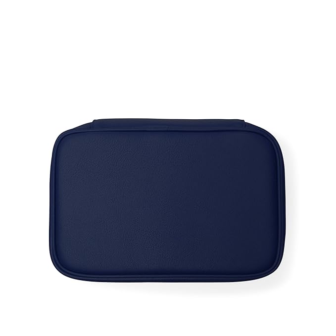 Leatherology Navy Blue Small Train Case – Full-Grain Leather Travel Cosmetic Bag with Water-Resistant Lining, Zippered & Open Pockets, Compact Beauty Organizer