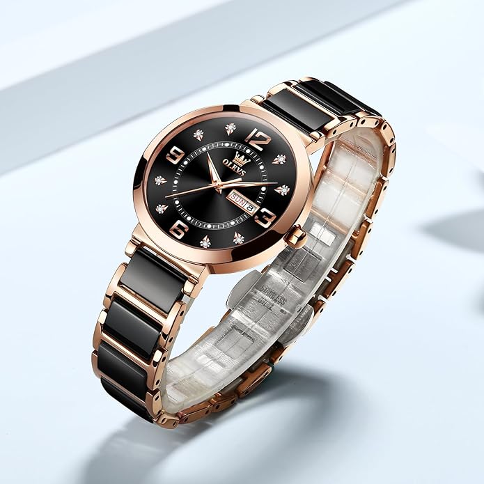 OLEVS Womens Ceramic Watch Luxury Shinning Diamond Rose Gold Watch for Women Analog Quartz Ladies Dress Watches Casual Waterproof Wrist Watches for Woman with Day Date Reloj para Mujer