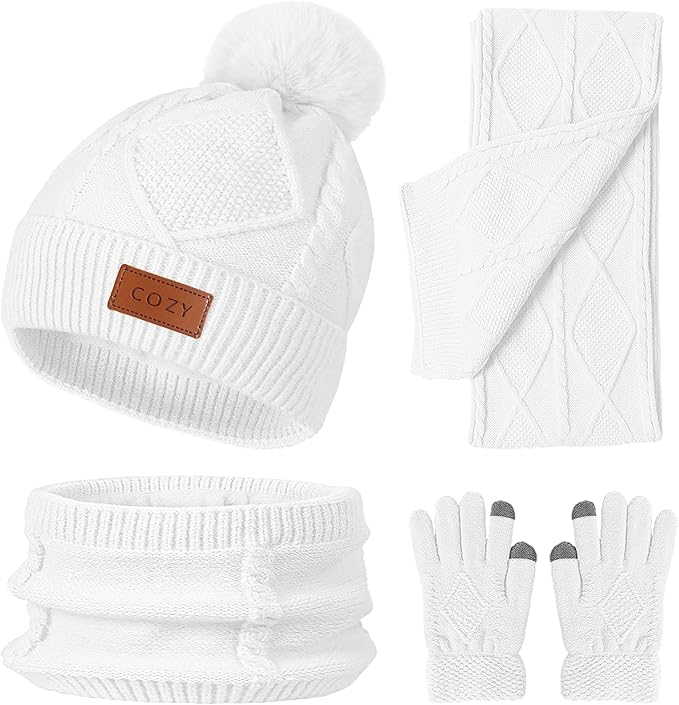 4 Pieces Winter Hat Scarf Glove Set for Women,Fleece Lined Beanie with Pom Pom,Touchscreen Gloves Knit Scarf for Cold Weather