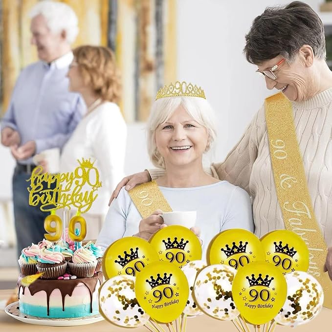 90th Birthday Decorations for Her Girls Set, Include 90th Birthday Crown and 90 Sash, 90th Birthday Cake Topper and 90 Birthday Candles, Gold 90 Balloons, Women 90th Party Supplies(Gold)