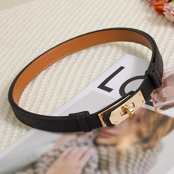 Skinny Leather Belts for Women with Adjustable Silver Turn-Lock Buckle for Dresses Jeans and Pants