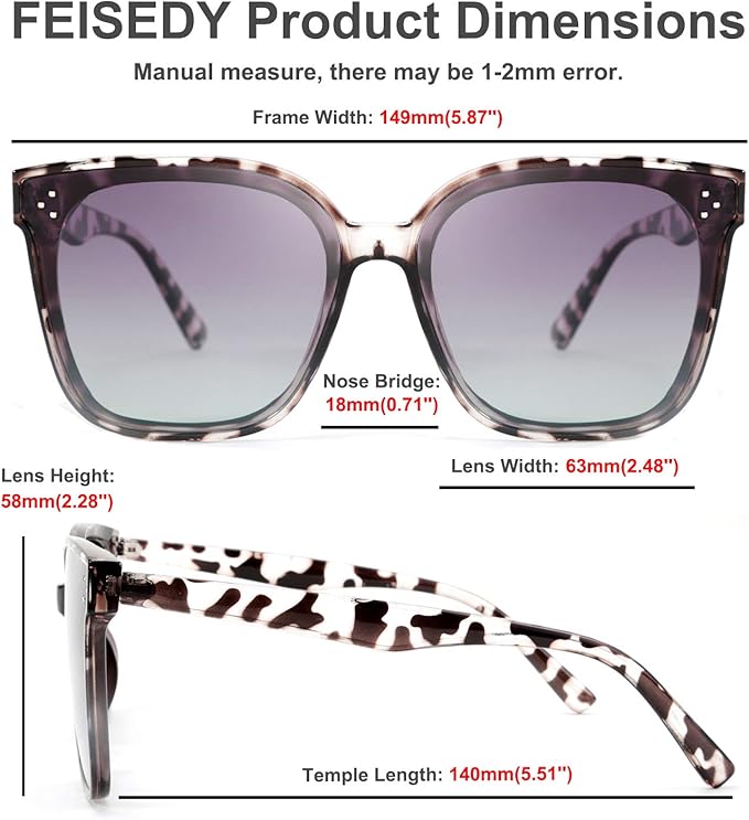 FEISEDY Oversized Polarized Sunglasses - UV400 Protection, Square Fashion Sun Glasses for Outdoor & Daily B2600