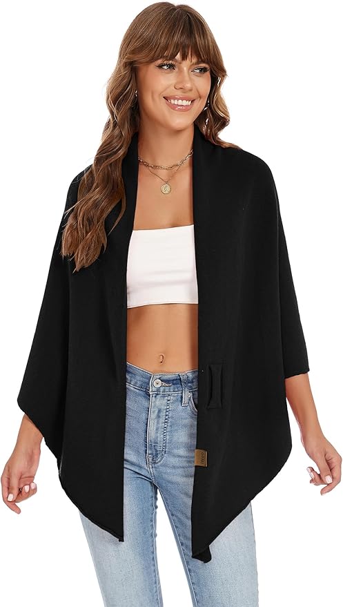 iWoo Women Soft Shawl Wraps kintted Open Front Poncho Sweater for Spring Fall Winter