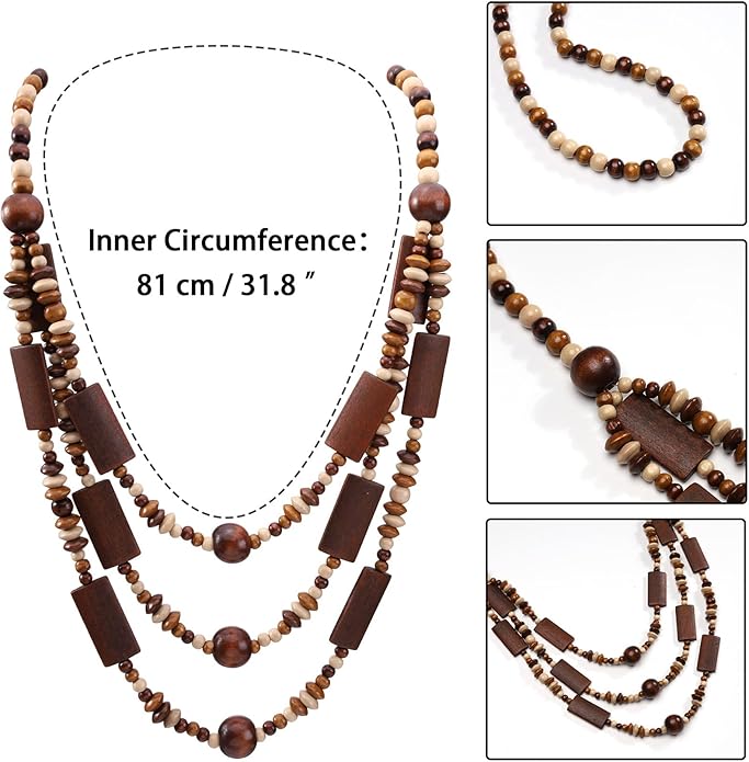 MILAKOO Wood Beads Necklace & Earrings for Women Chunky Multi-Layering Choker Necklace Ear Pendant