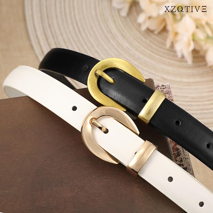 XZQTIVE Women Skinny Leather Belts for Jeans Dress Pants Fashion Ladies Thin Black Waist Belt with Gold Buckle