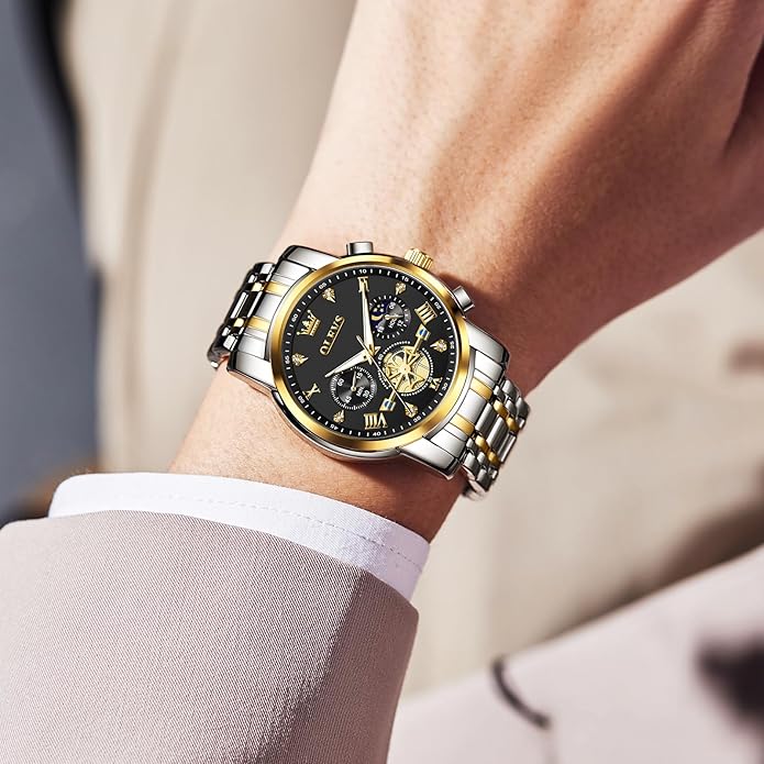 OLEVS Men Watches Stainless Steel Chronograph Watch, Large Wrist Analog Quartz Watch, Fashion Waterproof Diamond Roman Numerals Dress Watches for Men, Gold/Black/White/Blue/Grey Dial