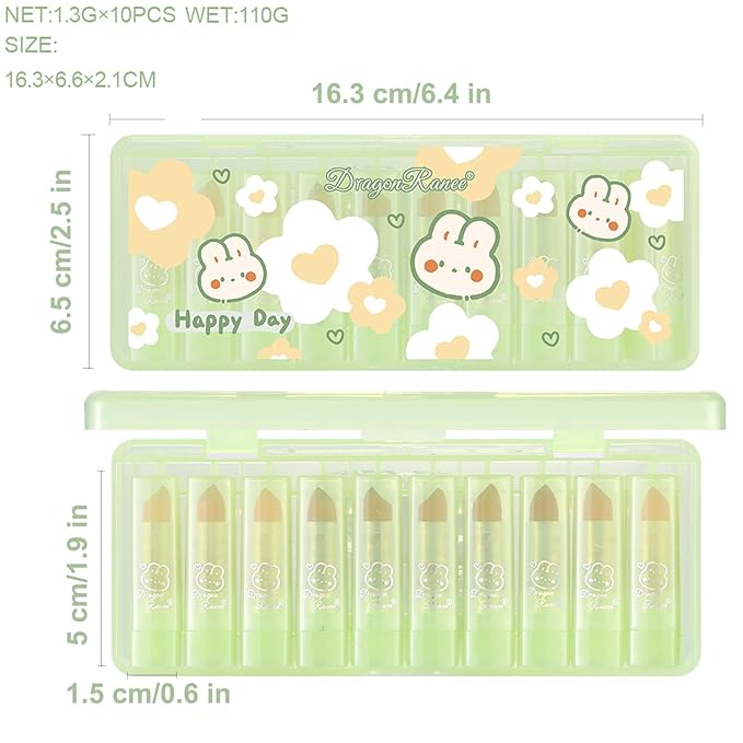 10 Pcs Lip Tint Set Cute Glossy Lip Stains and Matte Lipsticks with Long-lasting and Quick-drying Mini Lip Gloss Lipstick for Makeup Gift (Green Rabbit, Lipstick)