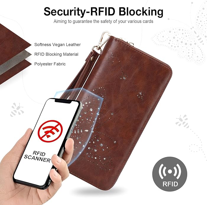 RFID Wallet Women, Large Capacity Butterfly Cell Phone Clutch Purses Ladies Wristlet Wallets for Women