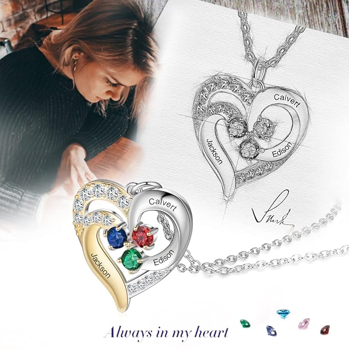 GLAMCARAT Personalized mothers necklace with birthstones names sterling silver jewelry for women customized engraved necklace