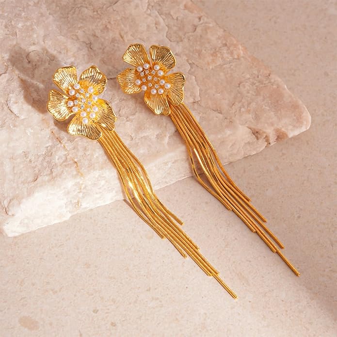Chunky Flower Earrings 14K Gold Plated Geometry Petal Earrings Vintage Hollowing Out Layered Dangle Earring Fashion Exaggeration Jewelry for Women