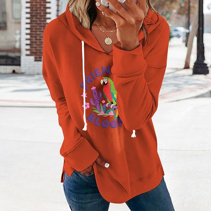 Womens Casual Loose Fit Pullover Sweatshirt with Artistic Print Drawstring Hood Long Sleeve Cotton Blend for Fall