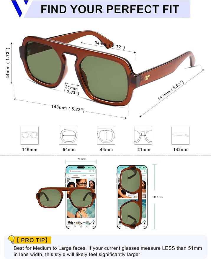 VANLINKER Oversized Retro Square Aviator Sunglasses for Women Men 70s Vintage Style Trendy Big Flat Top Sun Glasses VL9826