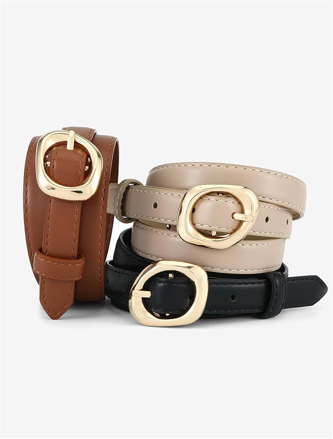Thin Belt for Women Jeans Faux Leather Ladies Skinny Waist Belts for Dresses Pants with Trendy Gold/Silver Buckle
