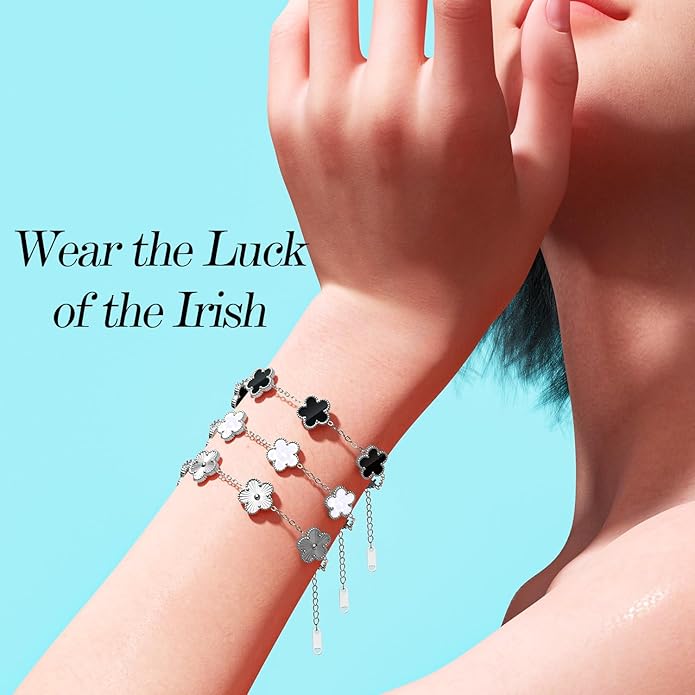 AICase 18K Gold Plated Clover Bracelet Dupes White/Black/Silver Bracelet Set for Women Flower Leaf Lucky Clover Bracelets Trendy Jewelry Birthday Gifts for Women/MoM/Daughter/Nana/Besties/Friends