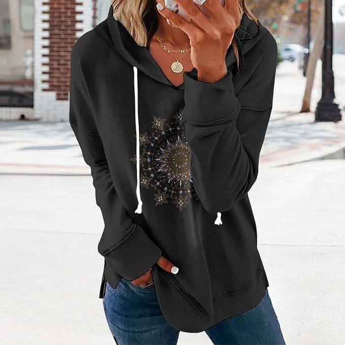 Womens Casual Loose Fit Pullover Sweatshirt with Artistic Print Drawstring Hood Long Sleeve Cotton Blend for Fall