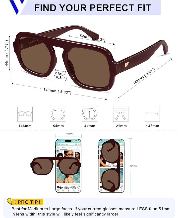 VANLINKER Oversized Retro Square Aviator Sunglasses for Women Men 70s Vintage Style Trendy Big Flat Top Sun Glasses VL9826
