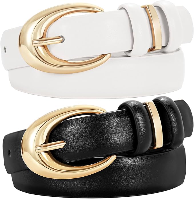 TRIWORKS 2 Pack Women Leather Belt for Jeans Pants Fashion Ladies Skinny Faux Leather Belt with Gold Buckle