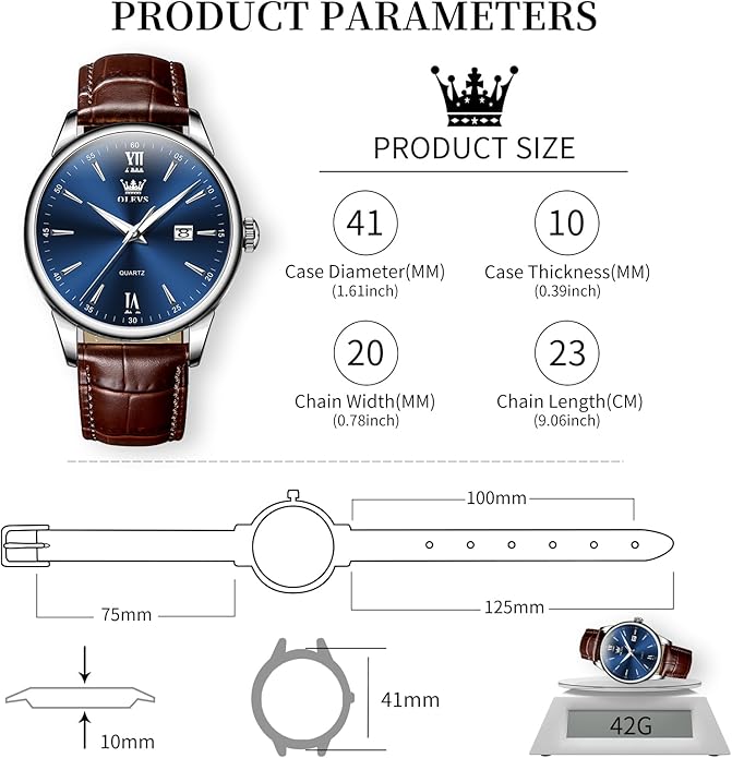 OLEVS Mens Watches, Dress Waterproof Classic Analog Casual Luxury Wrist Watch for Men with Date, Easy to Read Relojes para Hombres Male Quartz Wristwatch with Brown Black Leather Band Blue Black Dial