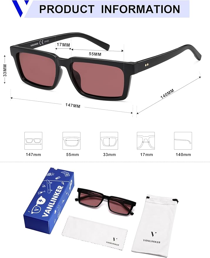VANLINKER Retro Rectangular Polarized Sunglasses for Women Men Trendy Small Chic 80s 90s Square Sun Glasses VL9877