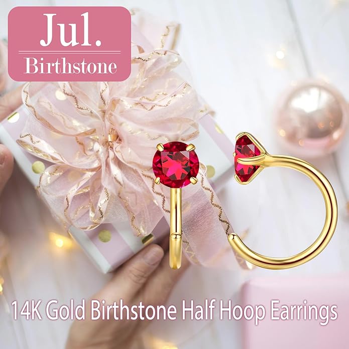 14K Gold Birthstone Huggie Half Hoop Earrings for Women,Round-cut Created Gemstone Minimalist Tiny Earring(4MM*2) Anniversary Birthday Mother's Day Jewelry for Mom Her