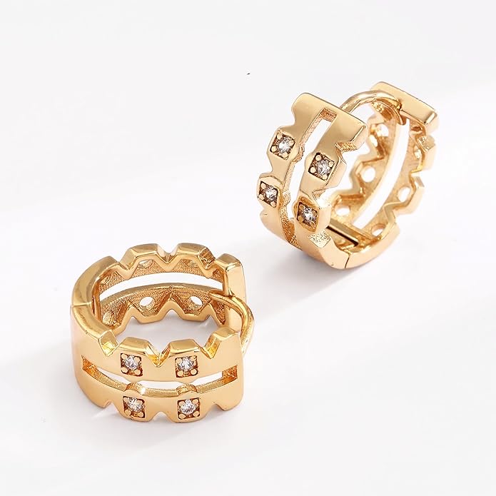 14K Gold Plated Cubic Zirconia Hoop Earrings,Three Row Diamon | Arrows | Double Row of Diamonds Huggie Earrings for Women