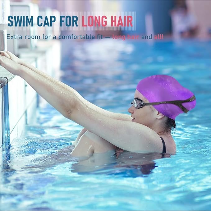 Womens Silicone Swim Cap for Long Hair,3D Ergonomic Design Silicone Swimming Caps for Women Kids Men Adults Boys Girls with Ear Plug and Nose Clip