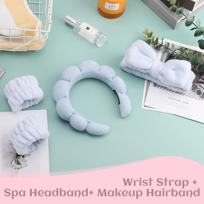 Puffy Spa Headband & Wristband Set – Sponge Makeup & Skincare Headband for Washing Face, Cute Present for Teenage Girls, Teen Girl Gifts, and Self-Care Essentials for Women