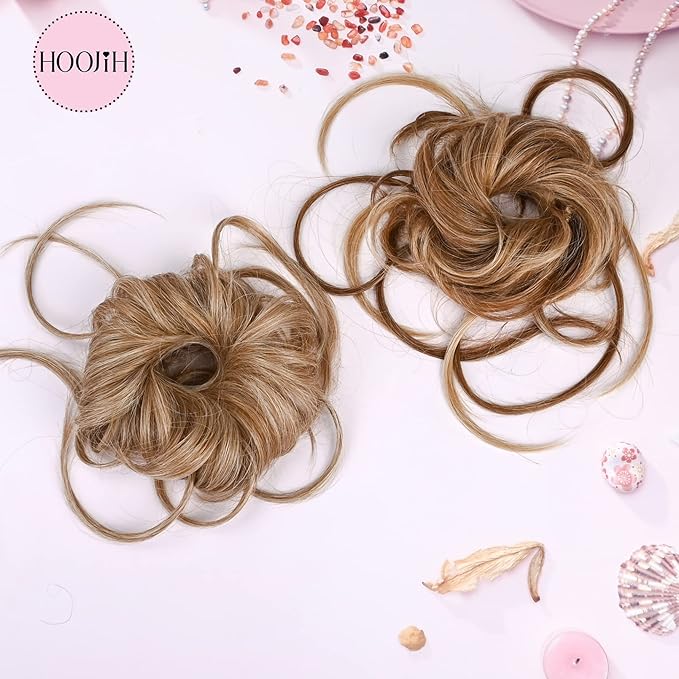 HOOJIH Messy Bun Hair Piece, Super Long Tousled Updo Hair Bun Extensions Wavy Hair Wrap Ponytail Hairpieces Scrunchies with Elastic Hair Band HB007 Grace - Warm Brown with Medium Brown Highlights