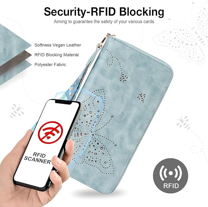 RFID Wallet Women, Large Capacity Butterfly Cell Phone Clutch Purses Ladies Wristlet Wallets for Women