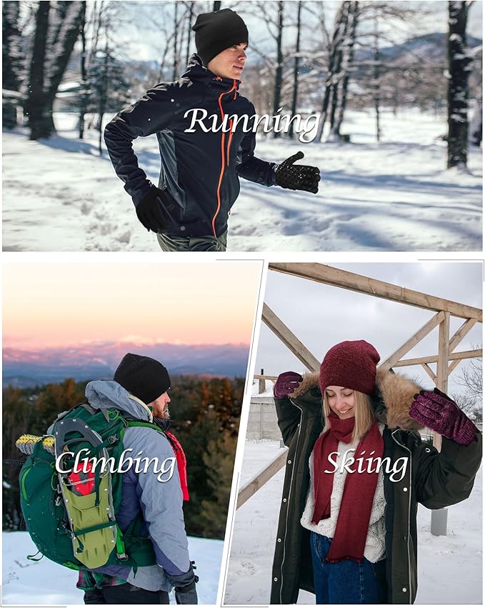 6 Pieces Women Men Knit Winter Warm Beanie Hat Touchscreen Gloves Scarf Set Fleece Lining Skull Caps Neck Scarves (Black, Wine Red)