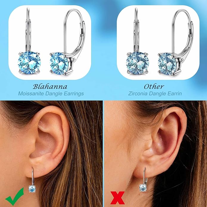 Moissanite Earrings,1.0ct-2.0ct D Color Brilliant Round Cut Earring 18K White Gold Plated Sterling Silver Dangle Earrings Moissanite Leverback Drop Earring s