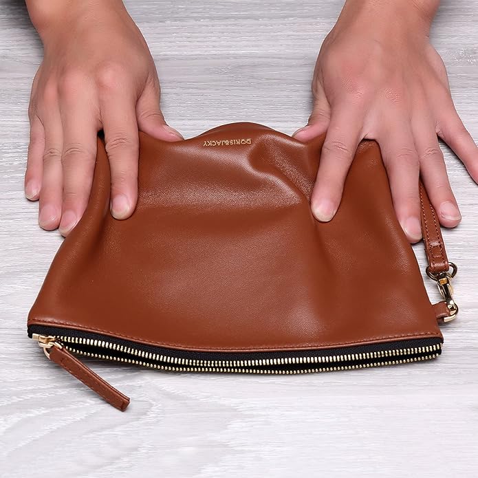 DORIS&JACKY Lambskin Leather Wristlet Clutch Purse for Women Soft Designer Slim Cell Phone Pouch Bag with Detachable Strap