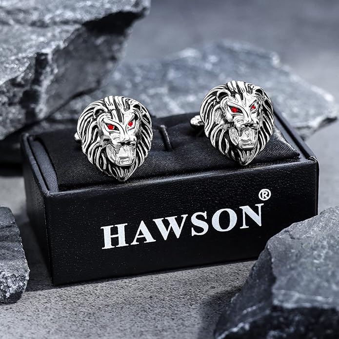 HAWSON Vintage Lion Head Cufflinks for Men with Gift Box, Gold Silver Black Tone Cuff Links for Men's Dress Shirts and French Cuff Shirts, Mens Personalized Jewelry or Accessories Unique