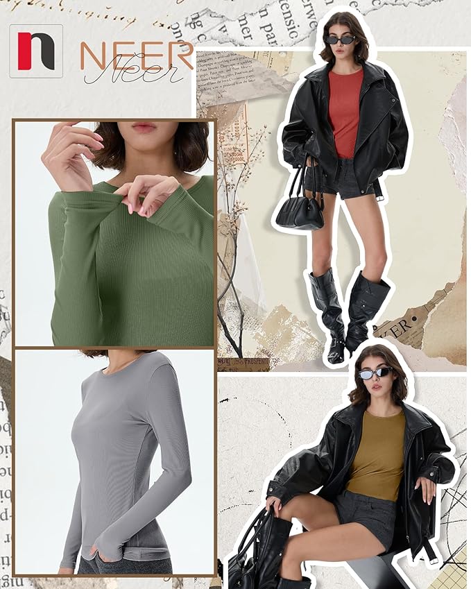 Neer 4 Pack Women's Ribbed Long Sleeve Shirts, Cotton Crew Neck Slim Fit Tops Stretch Knit Casual Base Layer Basic Tee Shirts